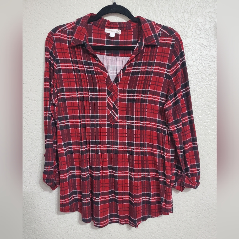 Westport 1962 Red Plaid Quarter Long Sleeve V-Neck Top Women's Size Large